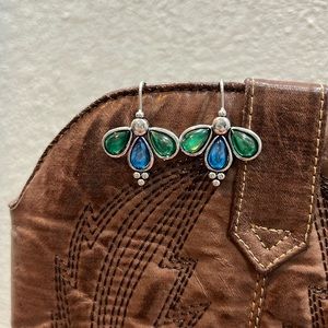 Gorgeous silver tone drop earrings with green and blue glass accent